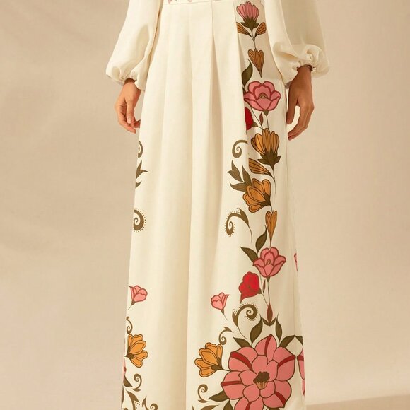 Elegant Women's Boho Tropical Floral Print Vacation Palazzo Wide Legged pants - Picture 2 of 7